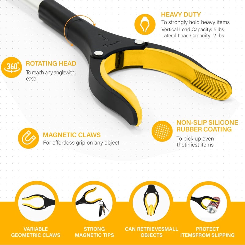 GrabRunner 2 Pack 32 inch Reacher Grabber Tool with Rotating Head and Magnet (New Yellow) - Image 2